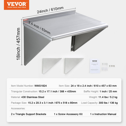 VEVOR 18" x 24" Stainless Steel Shelf, Wall Mounted Floating Shelving with Brackets, 300 lbs Load Capacity Commercial Shelves, Heavy Duty Storage Rack for Restaurant, Kitchen, Bar, Home, and Hotel