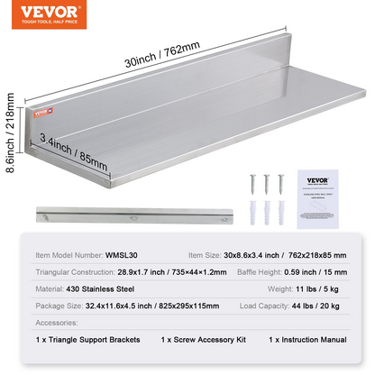 VEVOR 8.6" x 30" Stainless Steel Shelf, Wall Mounted Floating Shelving with Backsplash, 44 lbs Load Capacity Commercial Shelves, Heavy Duty Storage Rack for Restaurant, Kitchen, Bar, Home, and Hotel (2 Packs)