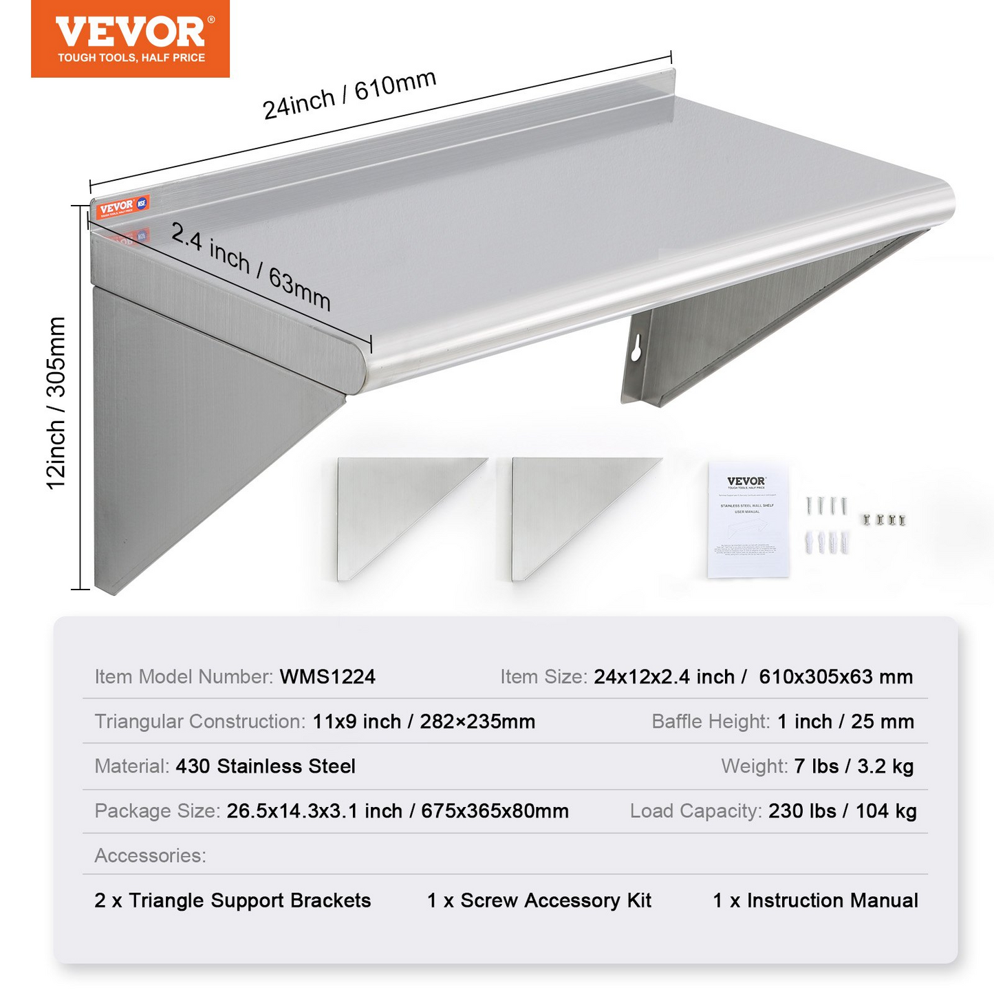 VEVOR 12" x 24" Stainless Steel Shelf, Wall Mounted Floating Shelving with Brackets, 230 lbs Load Capacity Commercial Shelves, Heavy Duty Storage Rack for Restaurant, Kitchen, Bar, Home, and Hotel