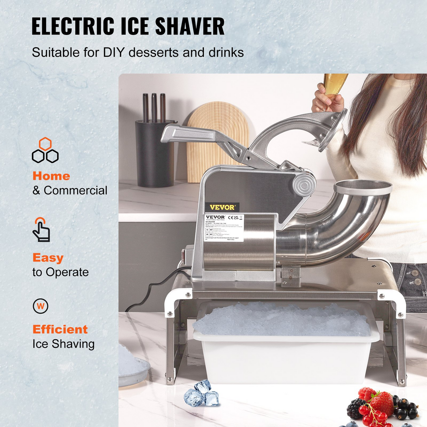 VEVOR Ice Crushers Machine, 661lbs Per Hour Electric Snow Cone Maker with 4 Blades, Stainless Steel Shaved Ice Machine with Cover, 300W Ice Shaver Machine for Margaritas, Home and Commercial Use