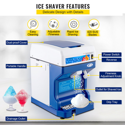 VEVOR 110V Electric Shaved Ice Machine 250W Snow Cone Maker Tabletop w/Adjustable Ice Texture, Ice Shaving Machine 265LBs/hr for Home and Commerical Use