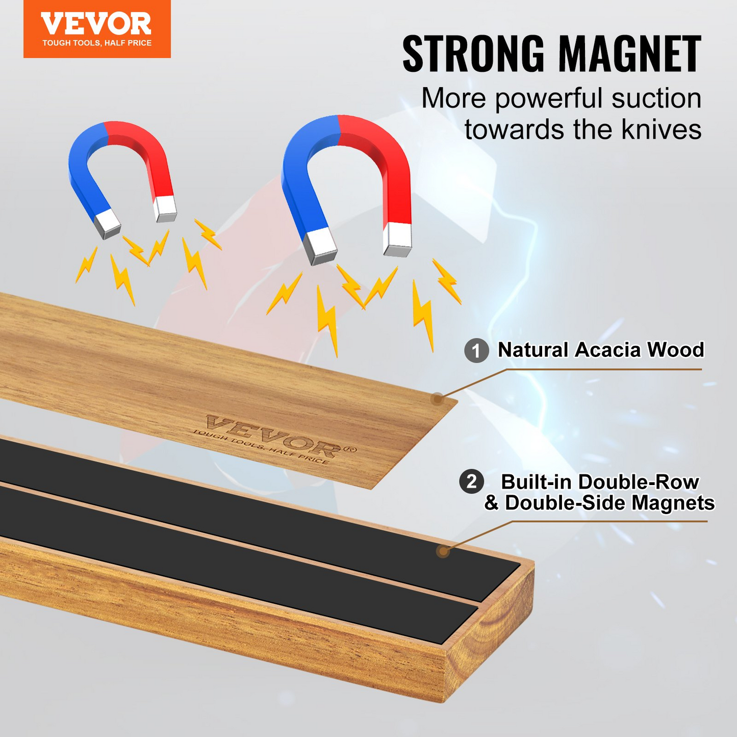 VEVOR Magnetic Knife Holder with Enhanced Strong Magnet, 24" No Drilling Knife Strips Organizer for Wall, Multifunctional Storage Acacia Wood Knives Rack, Knife Bar for Kitchen Knives, Utensils, Tools