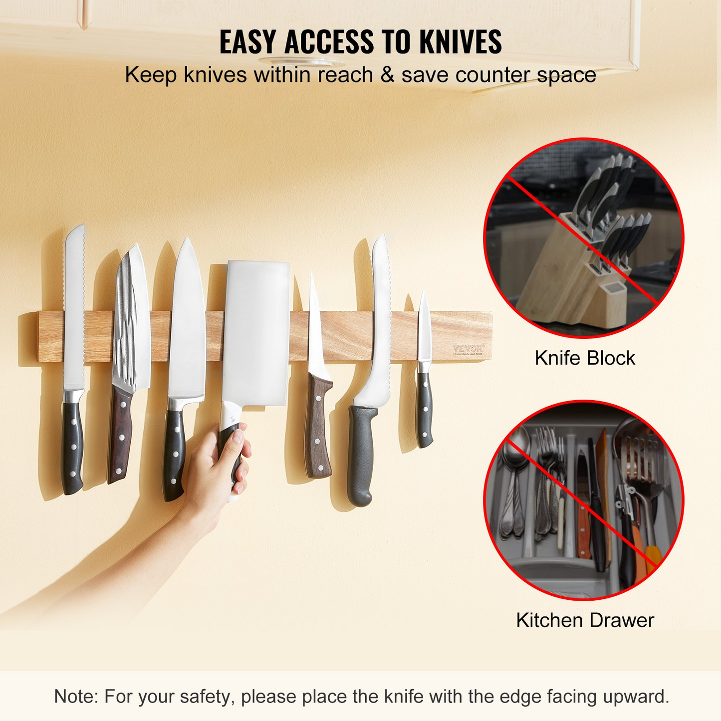 VEVOR Magnetic Knife Holder with Enhanced Strong Magnet, 24" No Drilling Knife Strips Organizer for Wall, Multifunctional Storage Acacia Wood Knives Rack, Knife Bar for Kitchen Knives, Utensils, Tools