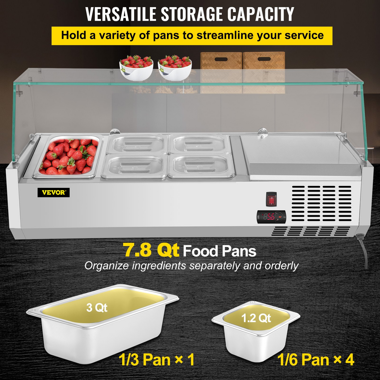 VEVOR Refrigerated Condiment Prep Station, 40-Inch, 7.8Qt Sandwich Prep Table w/ 1 1/3 Pan & 4 1/6 Pans, 150W Salad Bar w/ 304 Stainless Body Tempered Glass Shield Digital Temp Display Auto Defrost