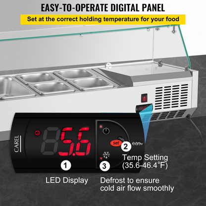 VEVOR Refrigerated Condiment Prep Station, 40-Inch, 7.8Qt Sandwich Prep Table w/ 1 1/3 Pan & 4 1/6 Pans, 150W Salad Bar w/ 304 Stainless Body Tempered Glass Shield Digital Temp Display Auto Defrost