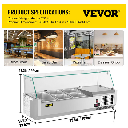 VEVOR Refrigerated Condiment Prep Station, 40-Inch, 7.8Qt Sandwich Prep Table w/ 1 1/3 Pan & 4 1/6 Pans, 150W Salad Bar w/ 304 Stainless Body Tempered Glass Shield Digital Temp Display Auto Defrost