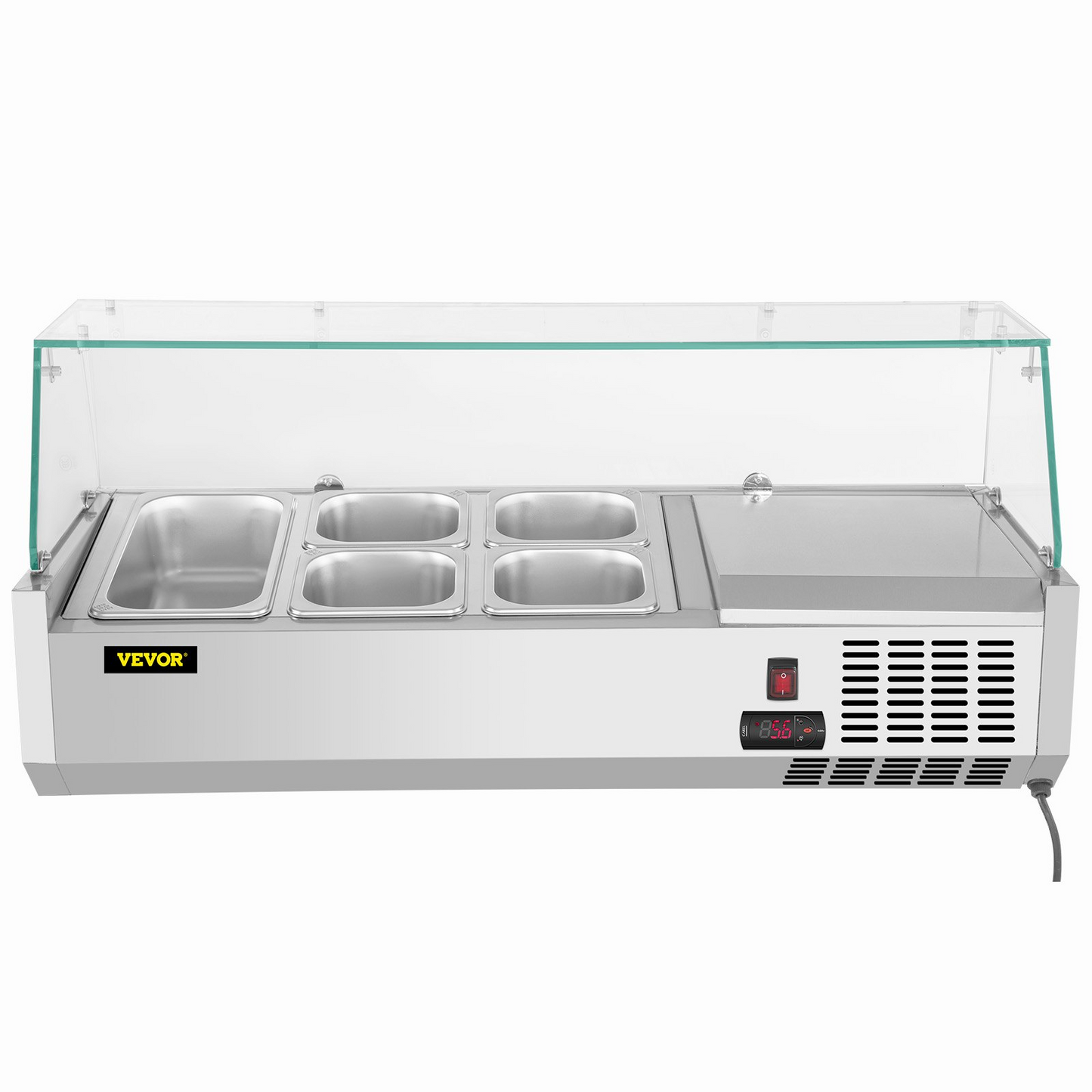 VEVOR Refrigerated Condiment Prep Station, 40-Inch, 7.8Qt Sandwich Prep Table w/ 1 1/3 Pan & 4 1/6 Pans, 150W Salad Bar w/ 304 Stainless Body Tempered Glass Shield Digital Temp Display Auto Defrost