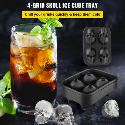 VEVOR Skull Ice Cube Tray, 4-Grid Skull Ice Ball Maker, Flexible Black Silicone Ice Tray with Lid & Funnel, Funny Skull Ice Cubes 1.6"x1.8" Each for Beverage, Chocolate, etc. on Parties & Holidays