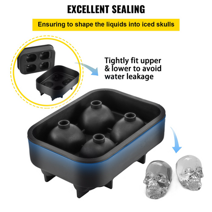 VEVOR Skull Ice Cube Tray, 4-Grid Skull Ice Ball Maker, Flexible Black Silicone Ice Tray with Lid & Funnel, Funny Skull Ice Cubes 1.6"x1.8" Each for Beverage, Chocolate, etc. on Parties & Holidays