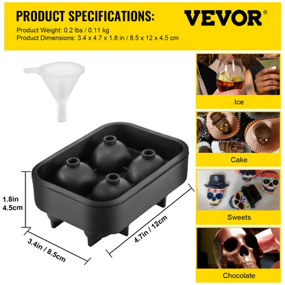 VEVOR Skull Ice Cube Tray, 4-Grid Skull Ice Ball Maker, Flexible Black Silicone Ice Tray with Lid & Funnel, Funny Skull Ice Cubes 1.6"x1.8" Each for Beverage, Chocolate, etc. on Parties & Holidays