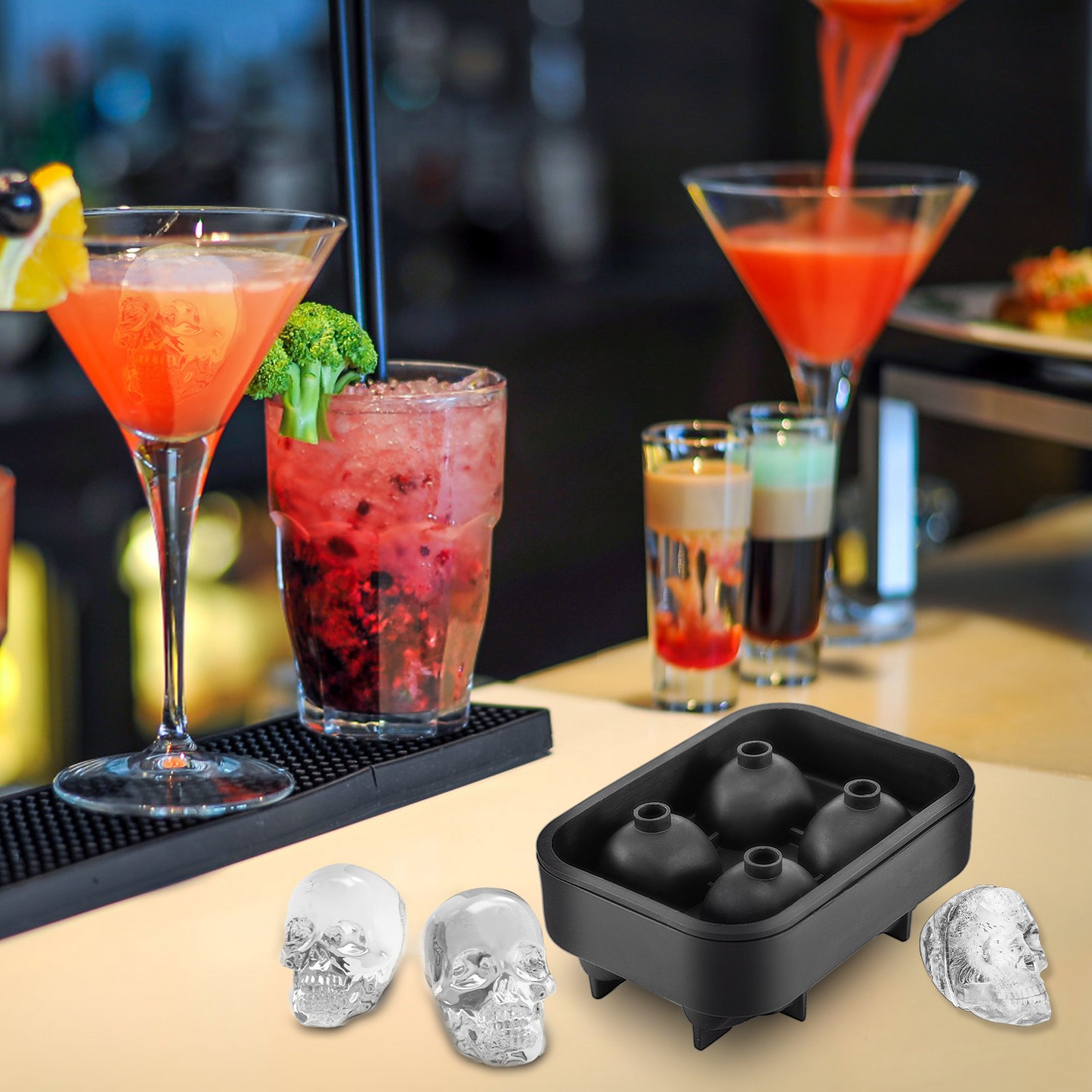 VEVOR Skull Ice Cube Tray, 4-Grid Skull Ice Ball Maker, Flexible Black Silicone Ice Tray with Lid & Funnel, Funny Skull Ice Cubes 1.6"x1.8" Each for Beverage, Chocolate, etc. on Parties & Holidays