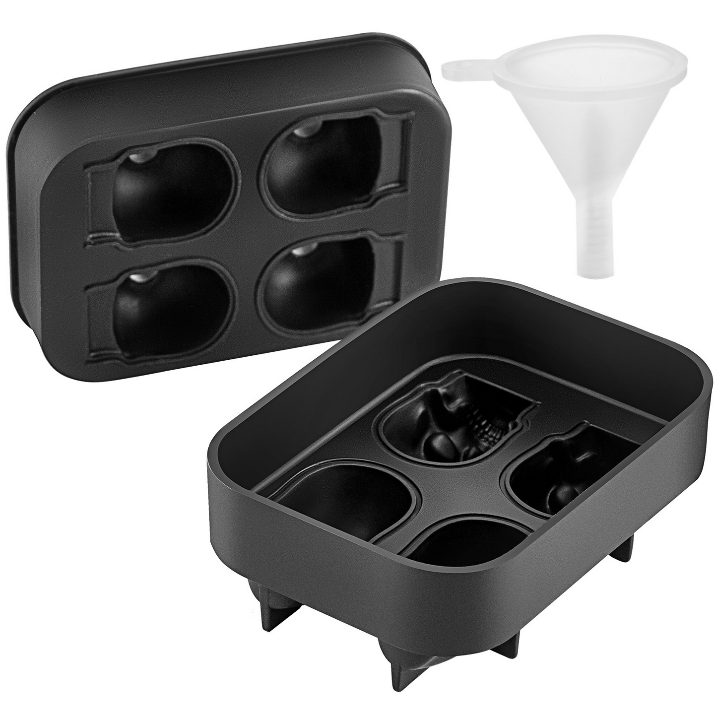 VEVOR Skull Ice Cube Tray, 4-Grid Skull Ice Ball Maker, Flexible Black Silicone Ice Tray with Lid & Funnel, Funny Skull Ice Cubes 1.6"x1.8" Each for Beverage, Chocolate, etc. on Parties & Holidays