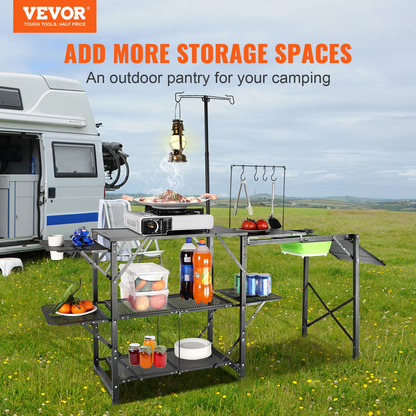 VEVOR Camping Kitchen Table, One-piece Folding Portable Cook Station with A Carrying Bag, Long Aluminum Camping Table 3 Side Tables, 2 Shelves & A Detachable Sink for Outdoor Picnics, BBQs, Camping