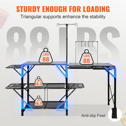 VEVOR Camping Kitchen Table, One-piece Folding Portable Cook Station with A Carrying Bag, Long Aluminum Camping Table 3 Side Tables, 2 Shelves & A Detachable Sink for Outdoor Picnics, BBQs, Camping