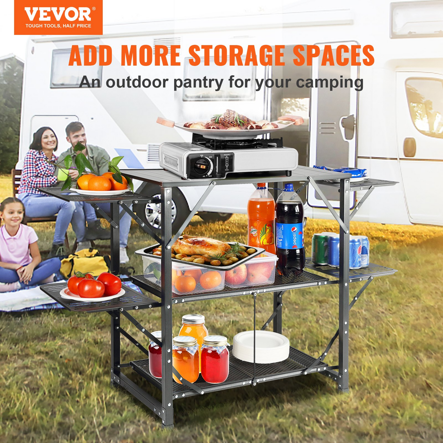 VEVOR Camping Kitchen Table, One-piece Folding Portable Cook Station with A Carrying Bag, Aluminum Camping Table 4 Iron Side Tables & 2 Shelves, Ideal for Outdoor Picnics, BBQs, Camping, RV Traveling