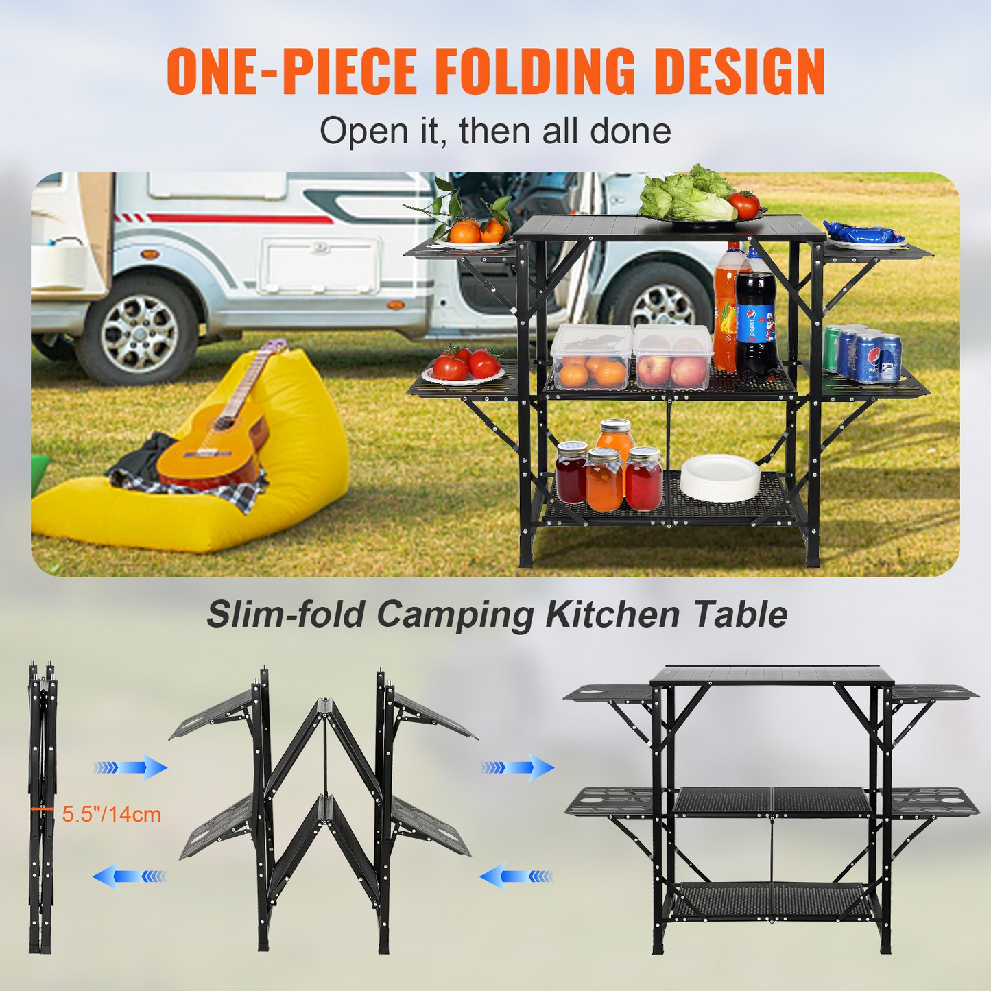 VEVOR Camping Kitchen Table, One-piece Folding Portable Cook Station with A Carrying Bag, Aluminum Camping Table 4 Iron Side Tables & 2 Shelves, Ideal for Outdoor Picnics, BBQs, Camping, RV Traveling