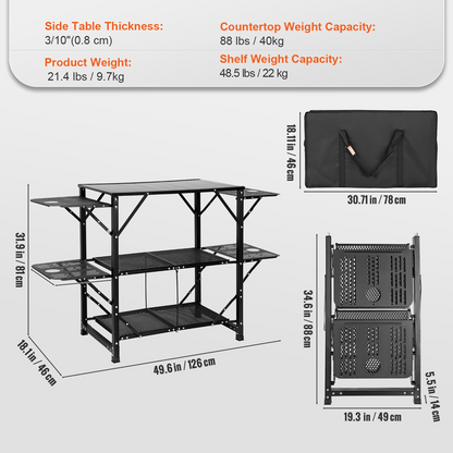 VEVOR Camping Kitchen Table, One-piece Folding Portable Cook Station with A Carrying Bag, Aluminum Camping Table 4 Iron Side Tables & 2 Shelves, Ideal for Outdoor Picnics, BBQs, Camping, RV Traveling