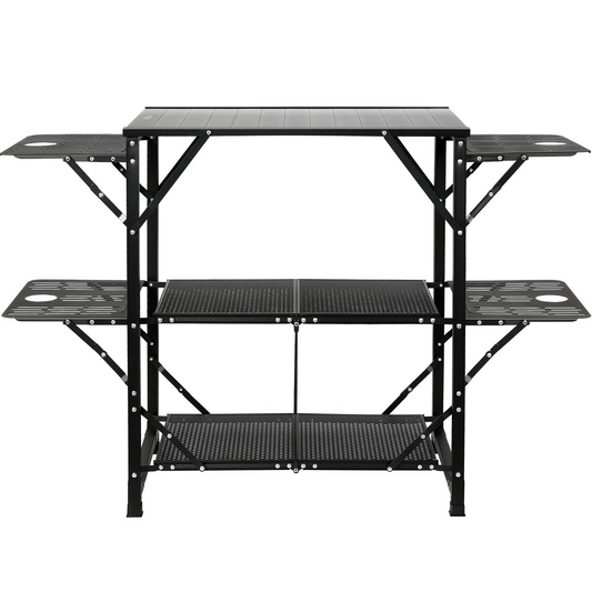 VEVOR Camping Kitchen Table, One-piece Folding Portable Cook Station with A Carrying Bag, Aluminum Camping Table 4 Iron Side Tables & 2 Shelves, Ideal for Outdoor Picnics, BBQs, Camping, RV Traveling