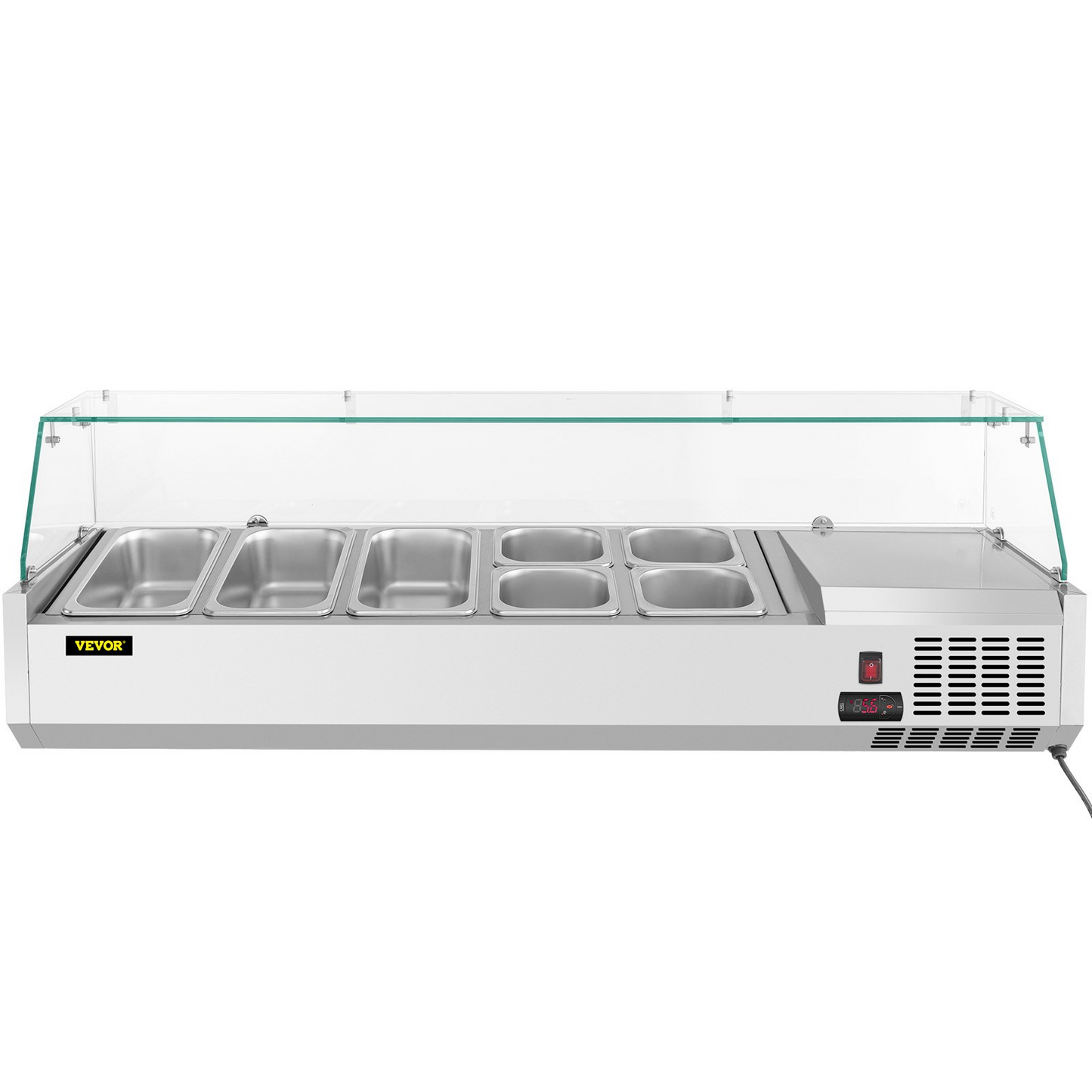 VEVOR Refrigerated Condiment Prep Station, 55-Inch, 13.8Qt Sandwich Prep Table w/ 3 1/3 Pans & 4 1/6 Pans, 150W Salad Bar w/ 304 Stainless Body Tempered Glass Shield Digital Temp Display Auto Defrost