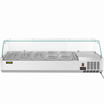 VEVOR Refrigerated Condiment Prep Station, 55-Inch, 13.8Qt Sandwich Prep Table w/ 3 1/3 Pans & 4 1/6 Pans, 150W Salad Bar w/ 304 Stainless Body Tempered Glass Shield Digital Temp Display Auto Defrost