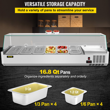 VEVOR Refrigerated Condiment Prep Station, 60-Inch, 16.8Qt Sandwich Prep Table w/ 4 1/3 Pans & 4 1/6 Pans, 146W Salad Bar w/ 304 Stainless Body Tempered Glass Shield Digital Temp Display Auto Defrost