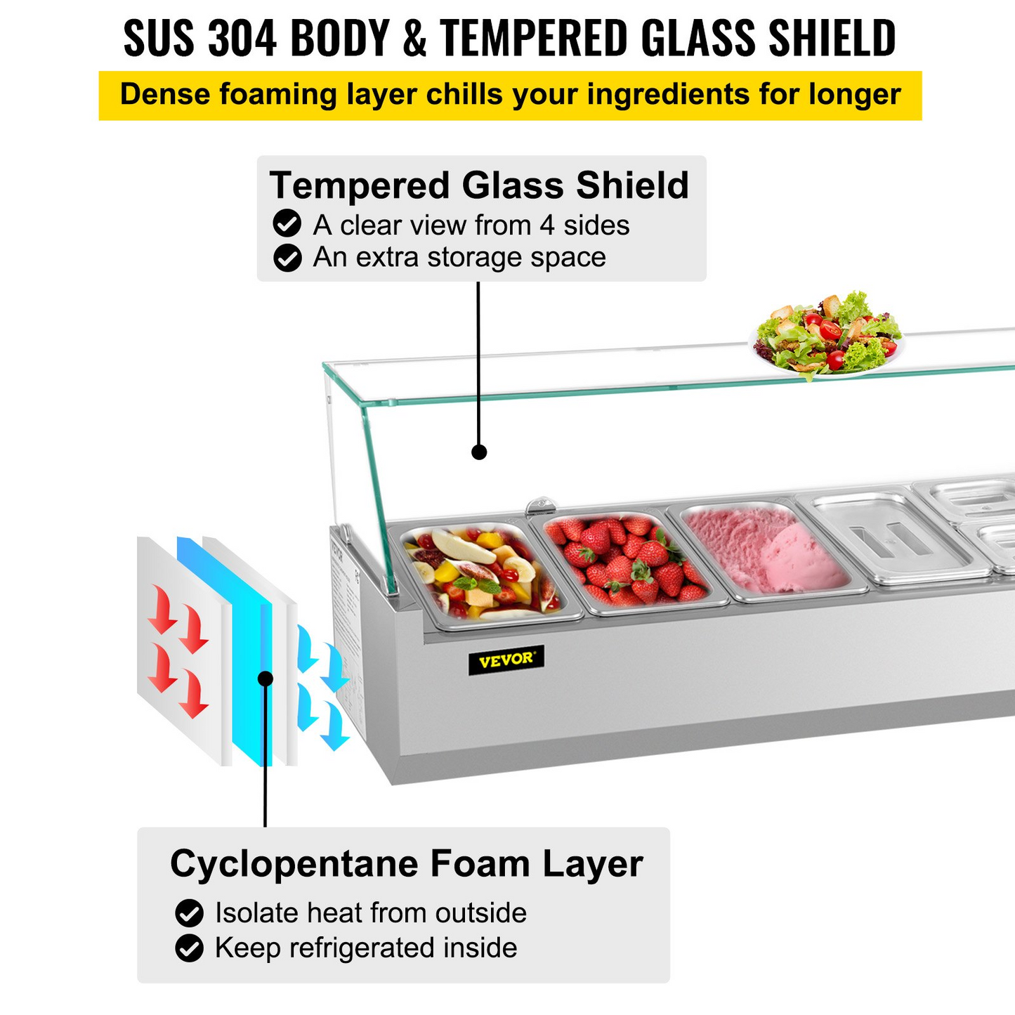 VEVOR Refrigerated Condiment Prep Station, 60-Inch, 16.8Qt Sandwich Prep Table w/ 4 1/3 Pans & 4 1/6 Pans, 146W Salad Bar w/ 304 Stainless Body Tempered Glass Shield Digital Temp Display Auto Defrost