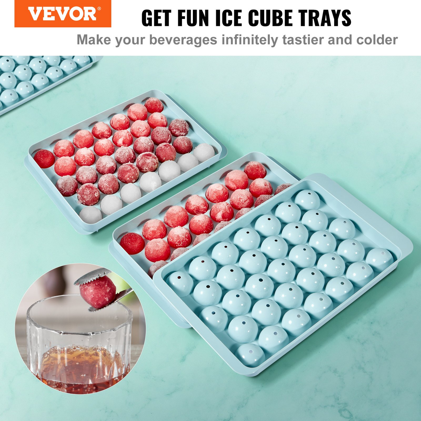 VEVOR Ice Cube Tray, Round Ice Ball Maker for Freezer, 2x33pcs & 1x104pcs Ice Balls, Sphere Ice Cube Making 170pcs Small Ice Chilling Cocktail Whiskey Tea Coffee, 3Pack Ice trays & Ice Bin & Scoop