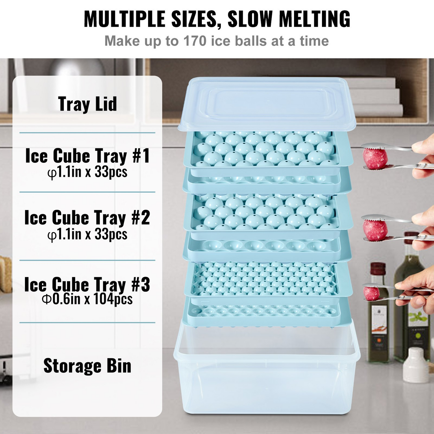 VEVOR Ice Cube Tray, Round Ice Ball Maker for Freezer, 2x33pcs & 1x104pcs Ice Balls, Sphere Ice Cube Making 170pcs Small Ice Chilling Cocktail Whiskey Tea Coffee, 3Pack Ice trays & Ice Bin & Scoop