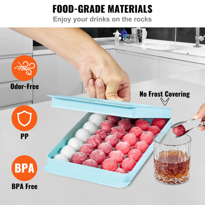 VEVOR Ice Cube Tray, Round Ice Ball Maker for Freezer, 2x33pcs & 1x104pcs Ice Balls, Sphere Ice Cube Making 170pcs Small Ice Chilling Cocktail Whiskey Tea Coffee, 3Pack Ice trays & Ice Bin & Scoop