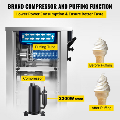 VEVOR Commercial Soft Ice Cream Machine, 2200W Serve Yogurt Maker, 3 Flavors Ice Cream Maker, 5.3 to 7.4 Gallons per Hour Auto Clean LCD Panel for Restaurants Snack Bars, Stainless Steel