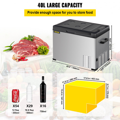 VEVOR 12 Volt Refrigerator, Portable Refrigerator (-4℉~68℉) With APP Control Car Compressor Fridge Cooler 12V/24V DC and 110-220V AC For Camping, Road Trip, Boat, Skincare, Outdoor and Home (42 Quart)