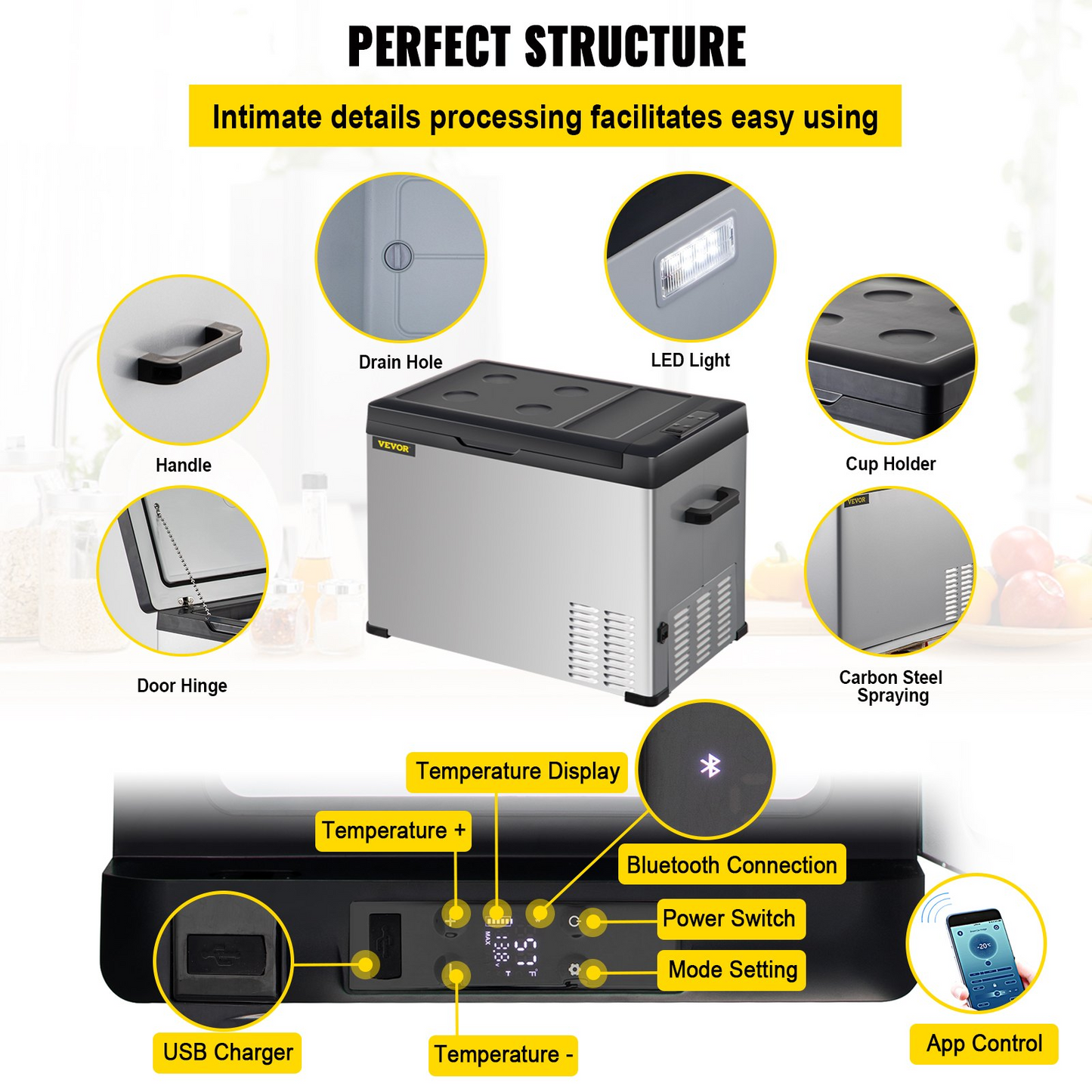 VEVOR 12 Volt Refrigerator, Portable Refrigerator (-4℉~68℉) With APP Control Car Compressor Fridge Cooler 12V/24V DC and 110-220V AC For Camping, Road Trip, Boat, Skincare, Outdoor and Home (42 Quart)