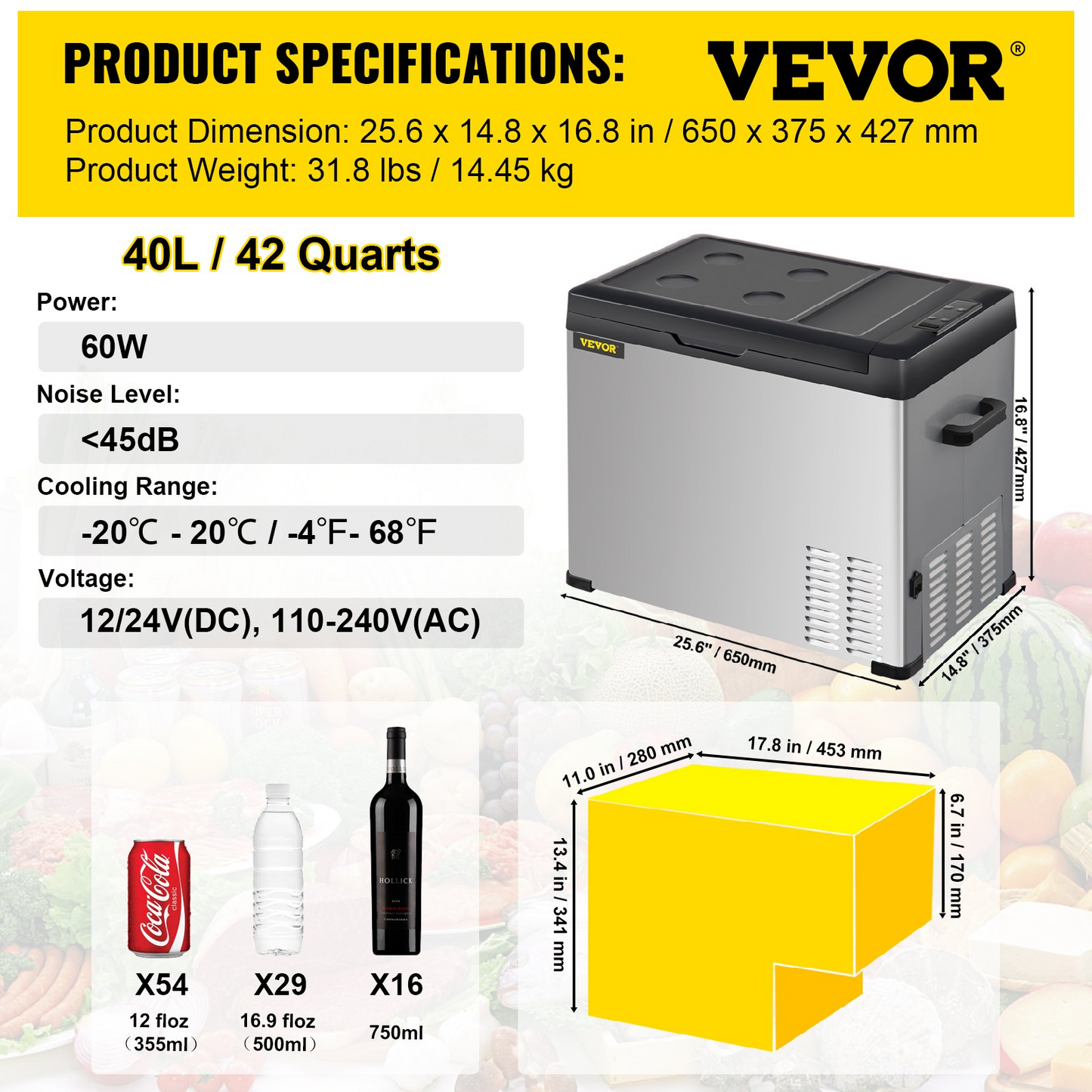 VEVOR 12 Volt Refrigerator, Portable Refrigerator (-4℉~68℉) With APP Control Car Compressor Fridge Cooler 12V/24V DC and 110-220V AC For Camping, Road Trip, Boat, Skincare, Outdoor and Home (42 Quart)