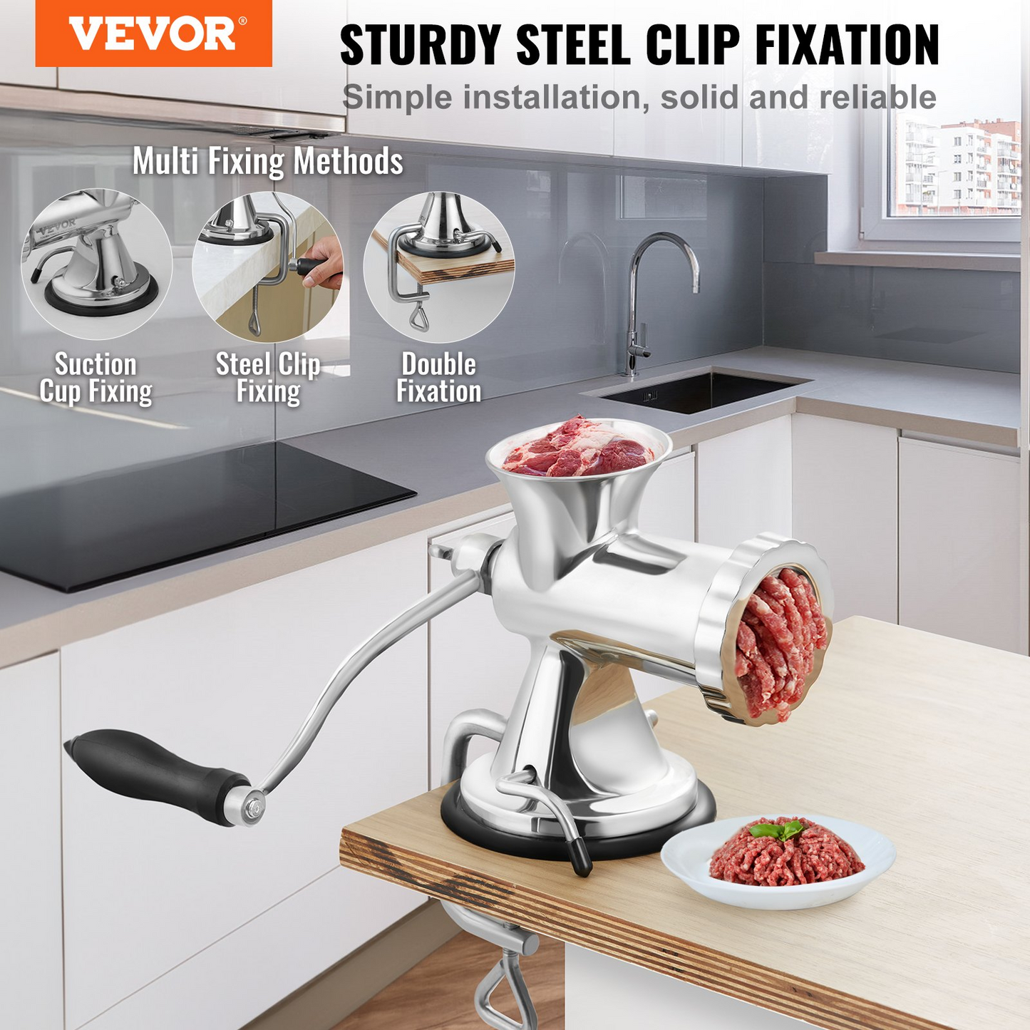 VEVOR Manual Meat Grinder, 304 Stainless Steel Hand Meat Grinder with Suction Cup + Steel Table Clamp, Meat Mincer Sausage Maker & 2 Cutting Plates, Sausage Tube, Grinding Head for Beef Pepper Cookie