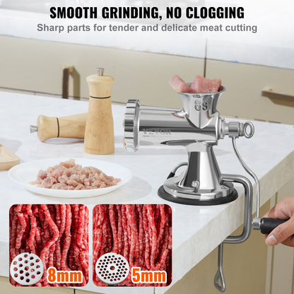 VEVOR Manual Meat Grinder, 304 Stainless Steel Hand Meat Grinder with Suction Cup + Steel Table Clamp, Meat Mincer Sausage Maker & 2 Cutting Plates, Sausage Tube, Grinding Head for Beef Pepper Cookie