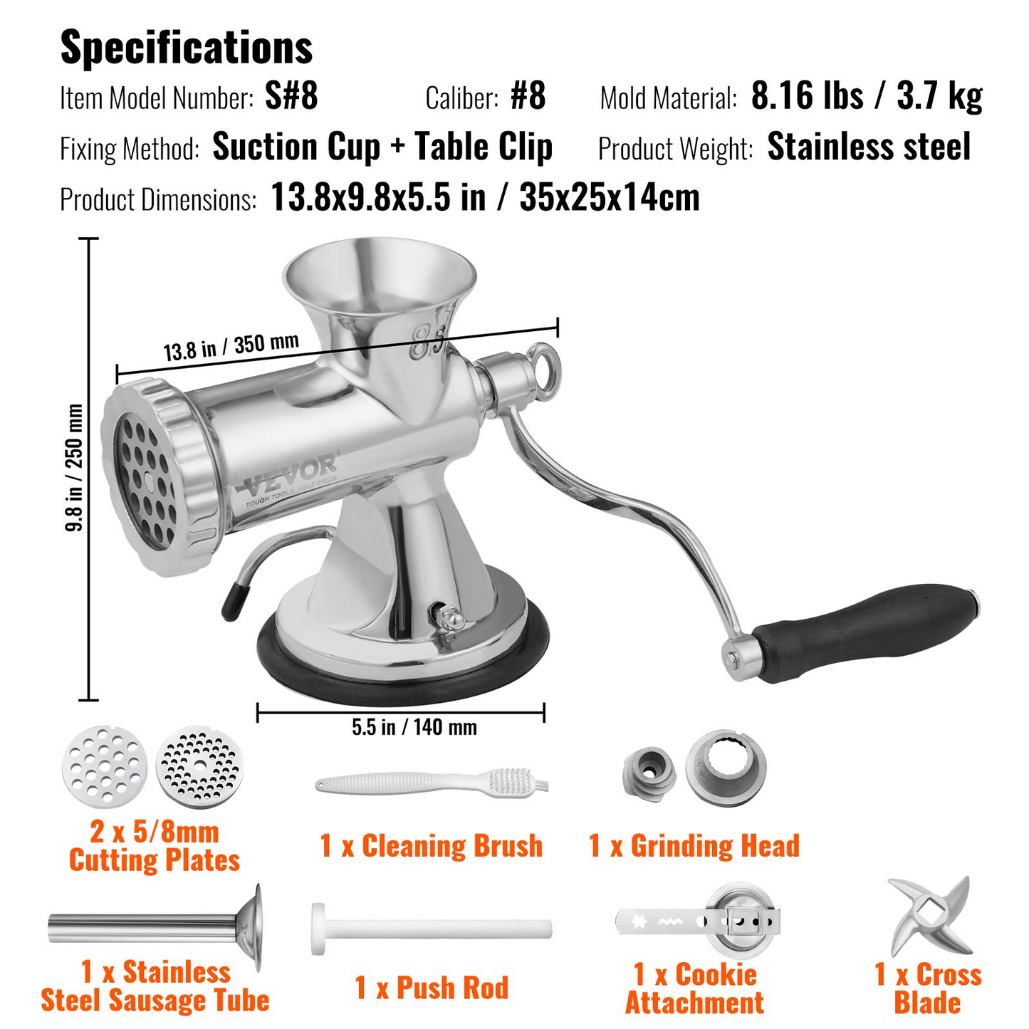 VEVOR Manual Meat Grinder, 304 Stainless Steel Hand Meat Grinder with Suction Cup + Steel Table Clamp, Meat Mincer Sausage Maker & 2 Cutting Plates, Sausage Tube, Grinding Head for Beef Pepper Cookie