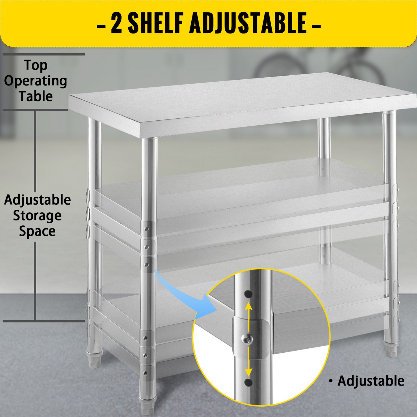 VEVOR Outdoor Food Prep Table, 48x14x33 in Commercial Stainless Steel Table, 2 Adjustable Undershelf BBQ Prep Table, Heavy Duty Kitchen Work Table, for Garage, Home, Warehouse, and Kitchen Silver