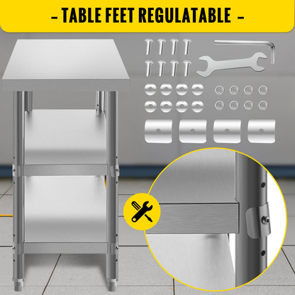 VEVOR Outdoor Food Prep Table, 48x14x33 in Commercial Stainless Steel Table, 2 Adjustable Undershelf BBQ Prep Table, Heavy Duty Kitchen Work Table, for Garage, Home, Warehouse, and Kitchen Silver