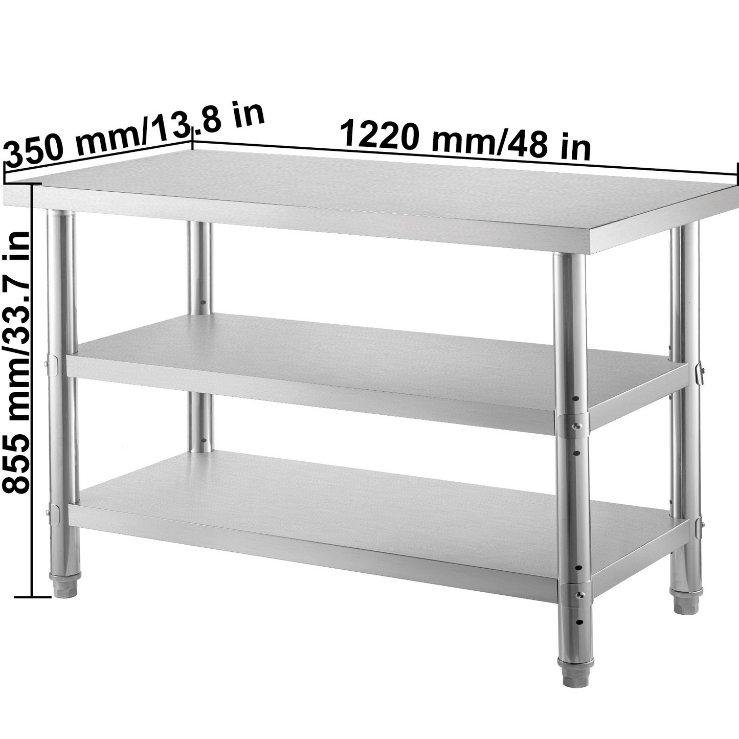 VEVOR Outdoor Food Prep Table, 48x14x33 in Commercial Stainless Steel Table, 2 Adjustable Undershelf BBQ Prep Table, Heavy Duty Kitchen Work Table, for Garage, Home, Warehouse, and Kitchen Silver