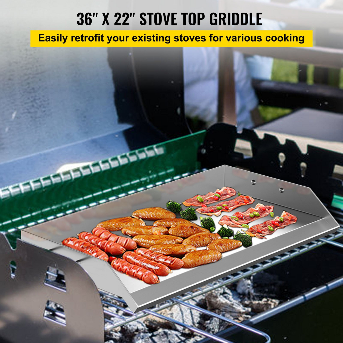 VEVOR Stainless Steel Griddle,36" x 22" Universal Flat Top Rectangular Plate, BBQ Charcoal/Gas Non-Stick Grill with 2 Handles and Grease Groove with Hole?Grills for Camping, Tailgating and Parties