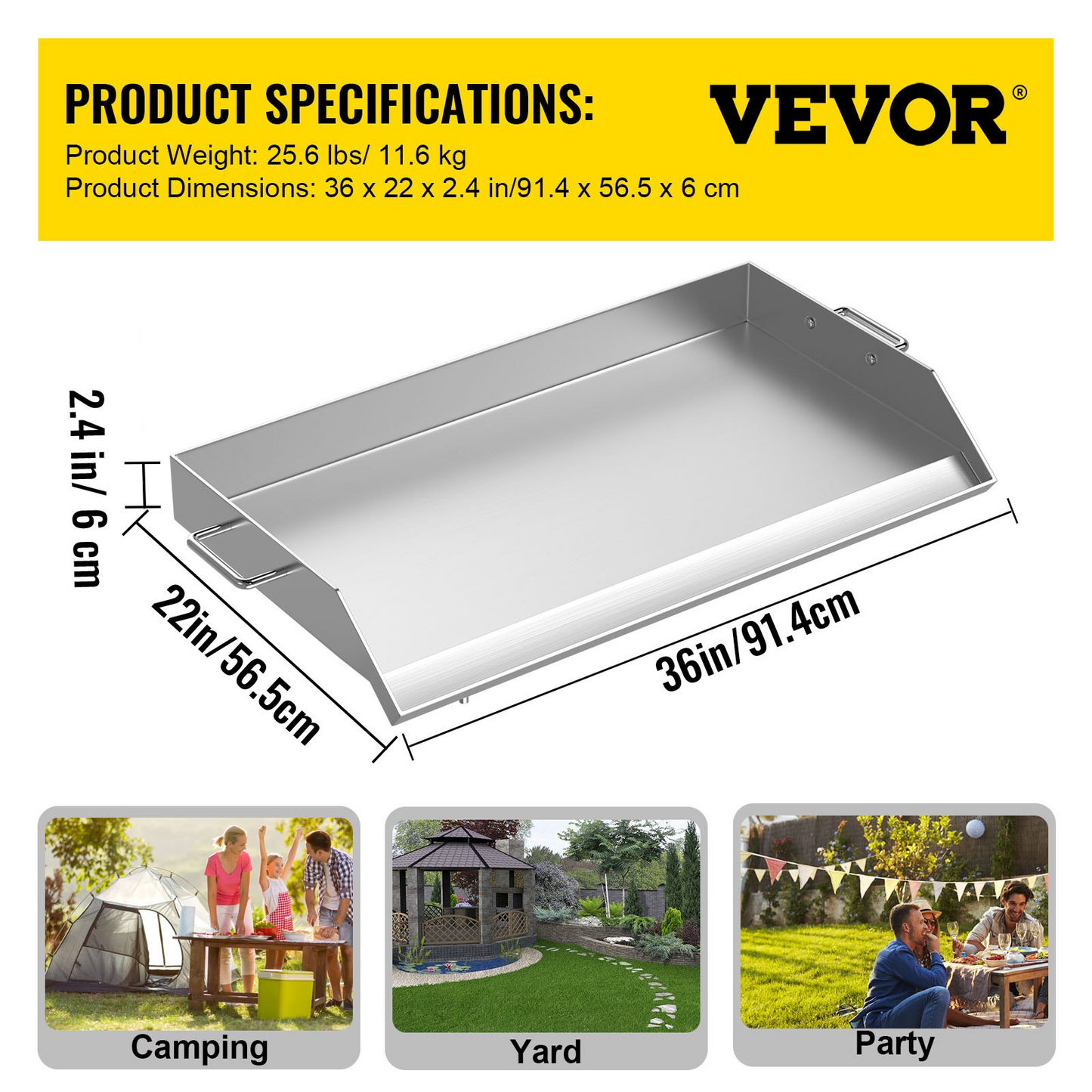 VEVOR Stainless Steel Griddle,36" x 22" Universal Flat Top Rectangular Plate, BBQ Charcoal/Gas Non-Stick Grill with 2 Handles and Grease Groove with Hole?Grills for Camping, Tailgating and Parties