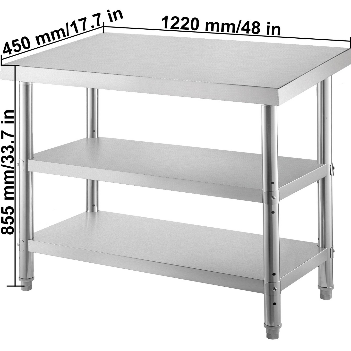 VEVOR Stainless Steel Prep Table, 48x18x33 in Commercial Stainless Steel Table, 2 Adjustable Undershelf BBQ Prep Table, Heavy Duty Kitchen Work Table, for Garage, Home, Warehouse, and Kitchen Silver