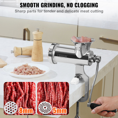 VEVOR Manual Meat Grinder, 304 Stainless Steel Hand Meat Grinder with Steel Table Clamp, Meat Mincer Sausage Maker & 2 Cutting Plates, Cookie Attachment, Sausage Tube for Beef Pepper Mushroom Cookie