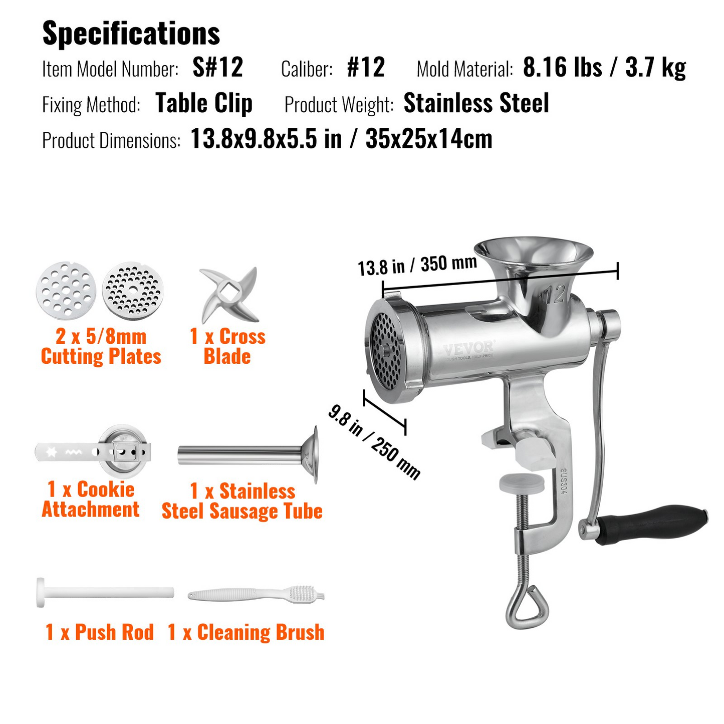 VEVOR Manual Meat Grinder, 304 Stainless Steel Hand Meat Grinder with Steel Table Clamp, Meat Mincer Sausage Maker & 2 Cutting Plates, Cookie Attachment, Sausage Tube for Beef Pepper Mushroom Cookie