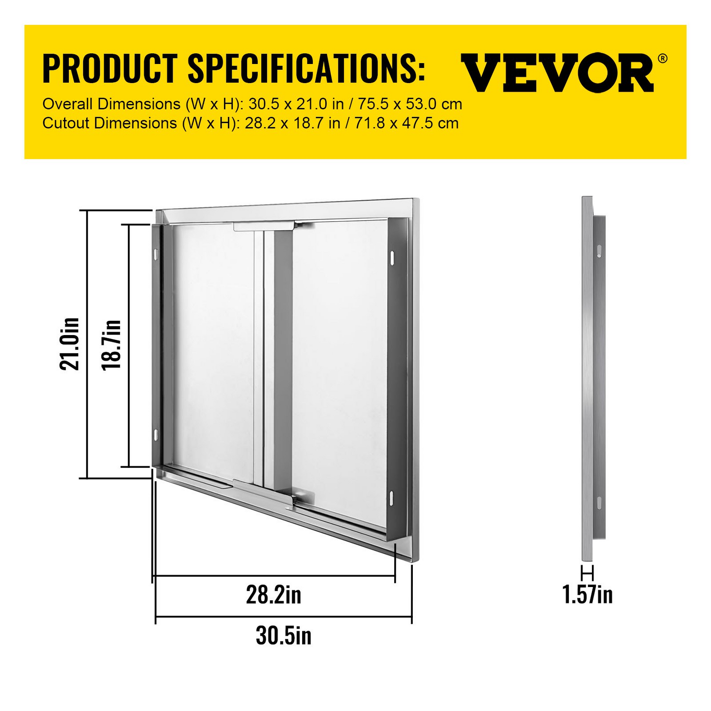 VEVOR BBQ Access Door 30.5W x 21H Inch, Double BBQ Door Stainless Steel with Recessed Handle, Outdoor Kitchen Doors for BBQ Island, Grill Station, Outside Cabinet