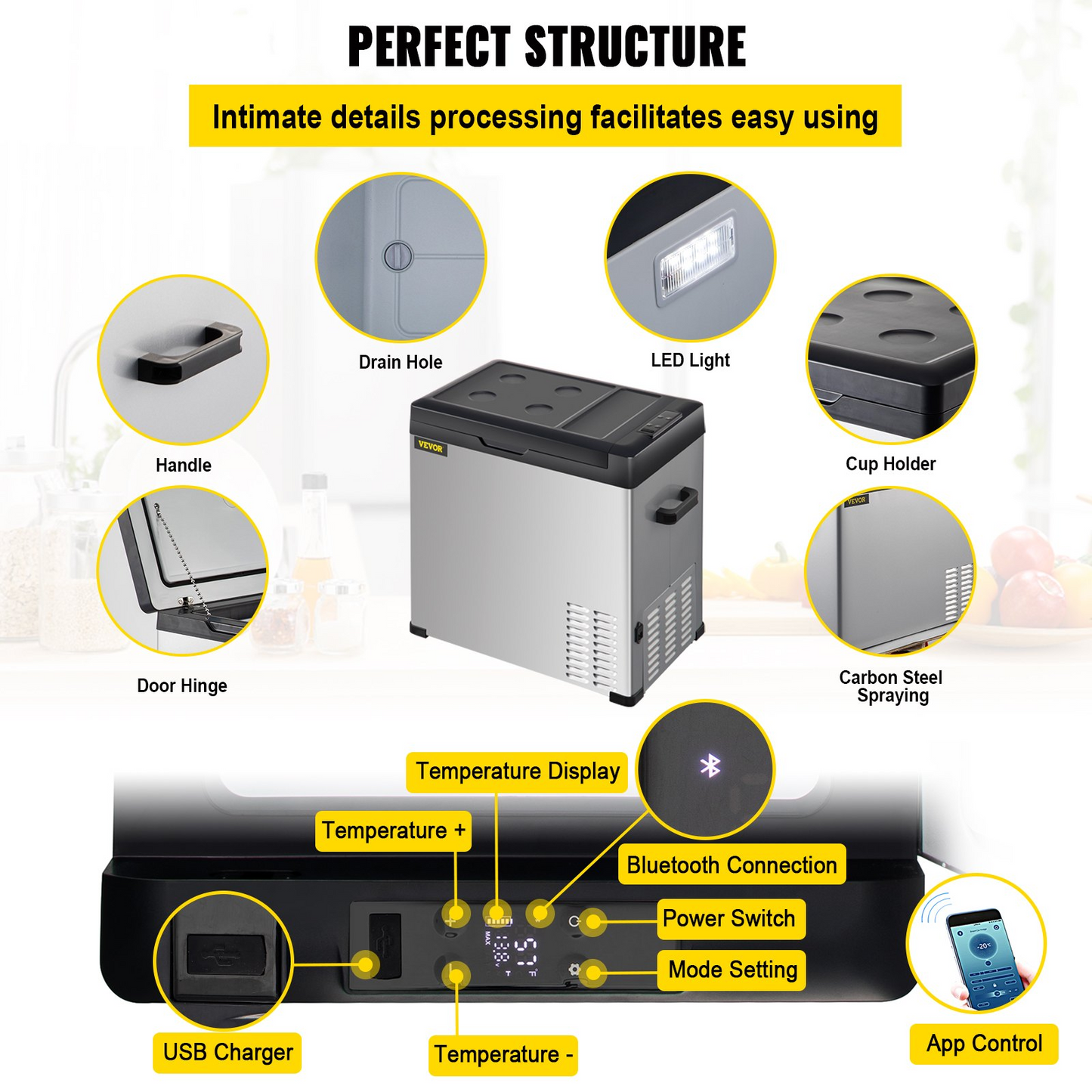 VEVOR 12 Volt Refrigerator, Portable Refrigerator (-4℉~68℉) With APP Control Car Compressor Fridge Cooler 12V/24V DC and 110-220V AC For Camping, Road Trip, Boat, Skincare, Outdoor and Home (53 Quart)