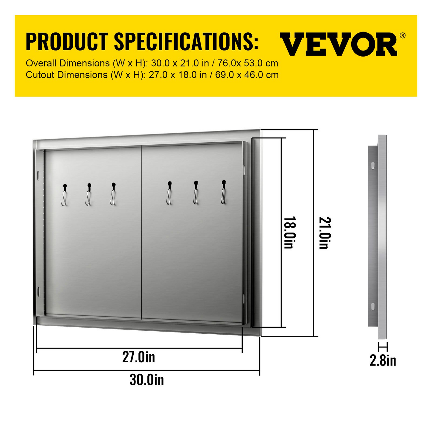 VEVOR Double Access Door, 30''Wx21''H Outdoor Kitchen Door, Double Wall Stainless Steel Outdoor Cabinets with Hooks, Brushed Steel Access Door BBQ Doors, Easy to Install for BBQ Island Grill Station