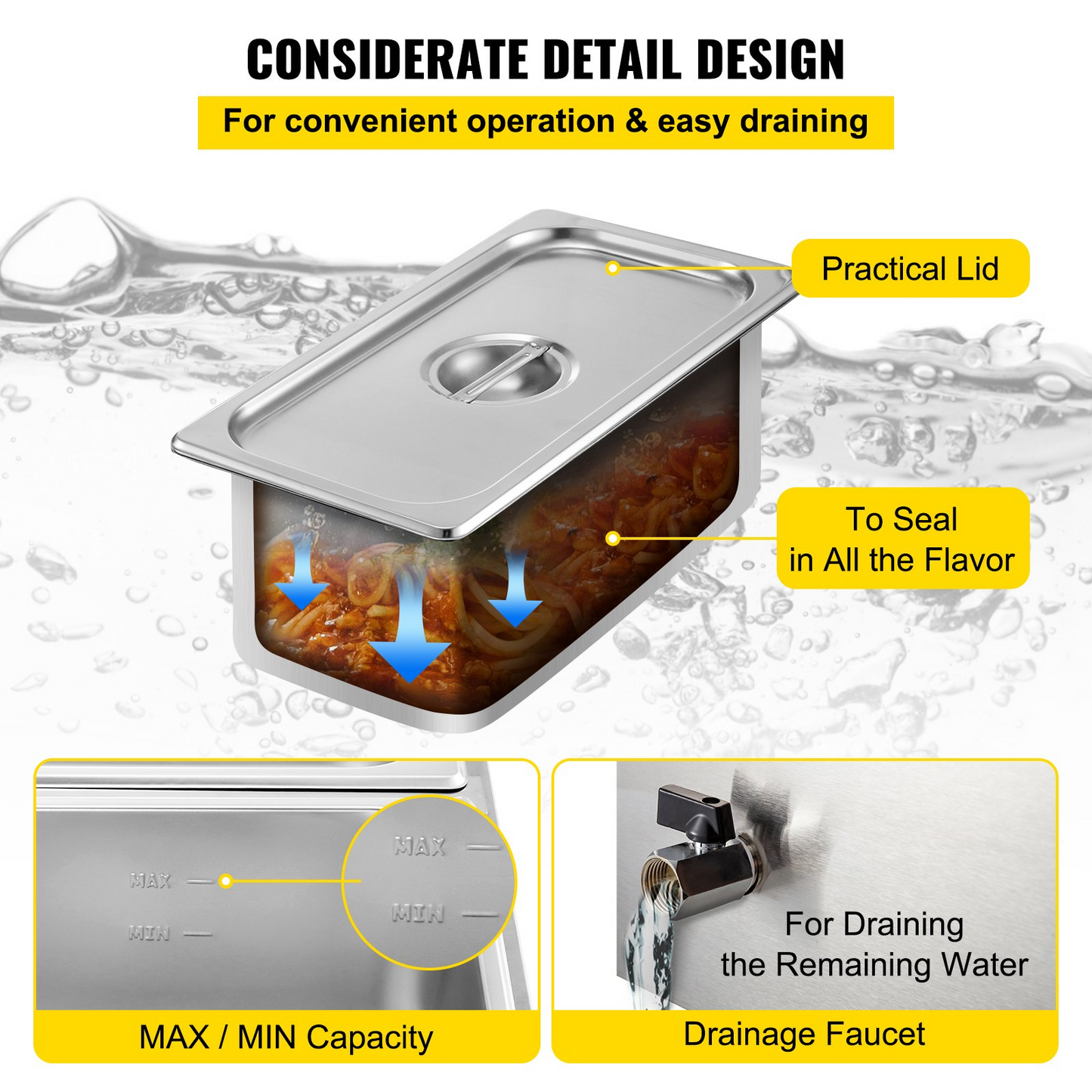 VEVOR Commercial Food Warmer 3-Pan 850W Electric Countertop Steam Table 15cm/6inch Deep Stainless Steel Bain Marie Buffet Food Warmer Large Capacity 7 Quart/Pan for Catering and Restaurants