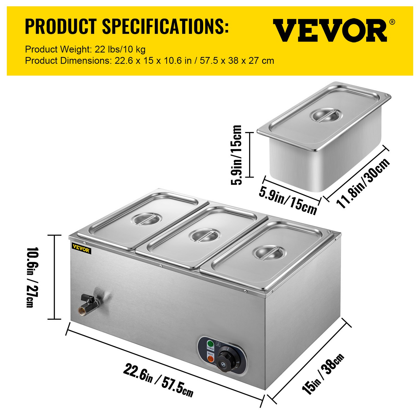 VEVOR Commercial Food Warmer 3-Pan 850W Electric Countertop Steam Table 15cm/6inch Deep Stainless Steel Bain Marie Buffet Food Warmer Large Capacity 7 Quart/Pan for Catering and Restaurants