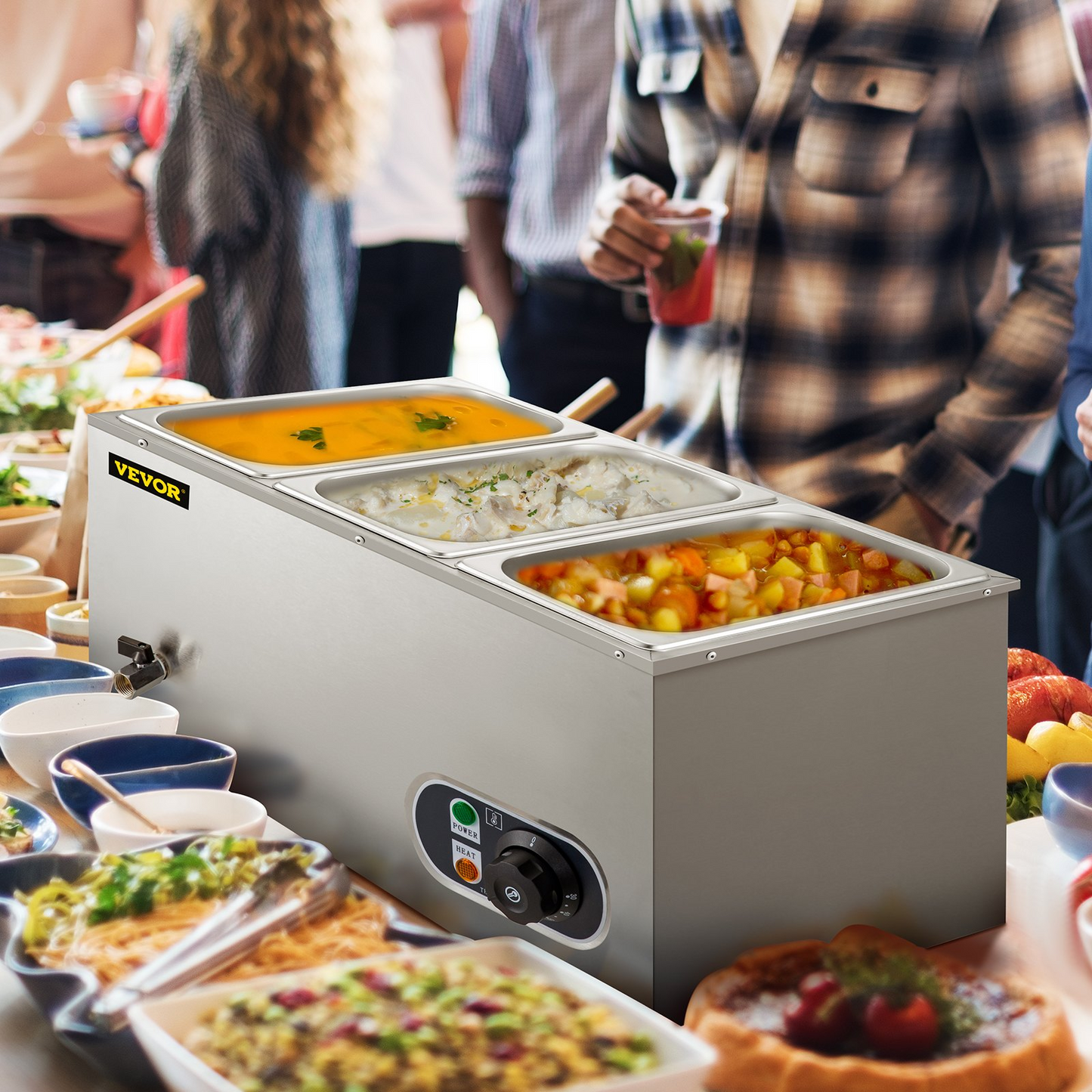 VEVOR Commercial Food Warmer 3-Pan 850W Electric Countertop Steam Table 15cm/6inch Deep Stainless Steel Bain Marie Buffet Food Warmer Large Capacity 7 Quart/Pan for Catering and Restaurants